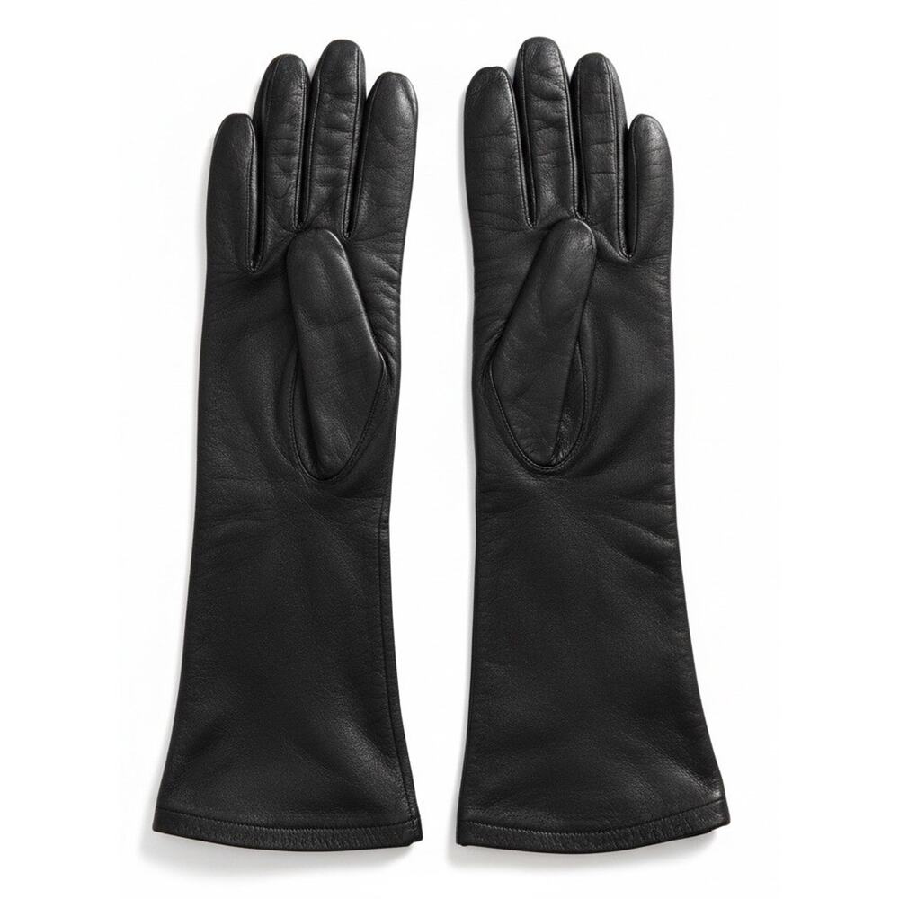 Vtg 50s Black REAL KIDSKIN Leather Gloves Sz 7 Belgium Opera Silk Lined Long 14”